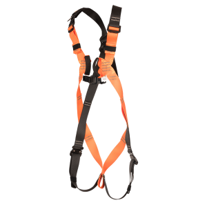 Svart/orange fallskyddssele utan vaddering